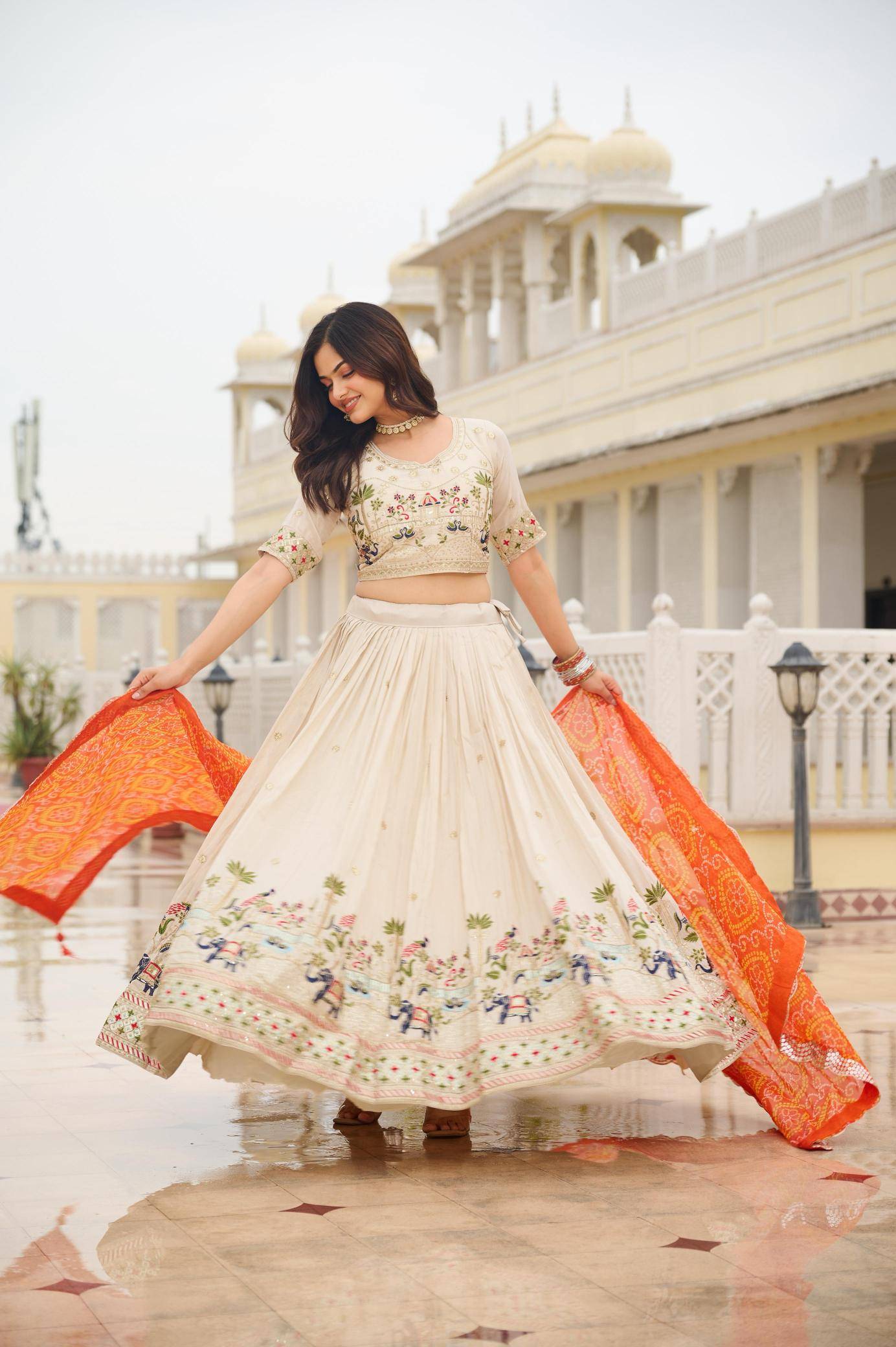 Ram-143 Tissue silk orange Trendy lehenga choli distributors in Pune